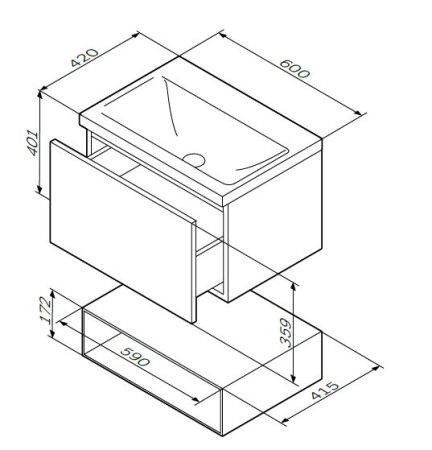 M90FHX06021WG GEM, База под раковину, подвесная, 60 см, 1 ящик push-to-open, цвет: белый, глянец, артикул M90FHX06021WG