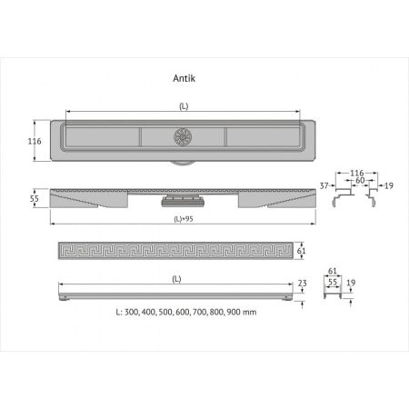 Желоб BERGES водосток В1 Antik 700, хром глянец, S-сифон D50 H60 боковой