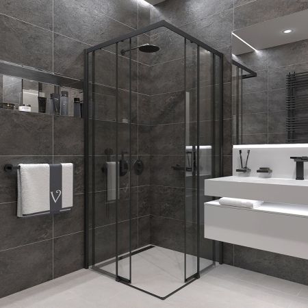 Душевой угол Veconi Rovigo RV-47B, 900x900x1950, черный, стекло прозрачное, артикул RV47B-90-01-C4