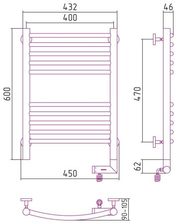 Полотенцесушитель электрический "БОГЕМА 2.0" 600х400 / МЭМ правый (Без покрытия), артикул 00-5203-6040