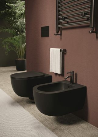 Унитаз, Alice, Unica, безободковый (с открытым смывным краем), тип установки-подвесной, ширина, мм-350, глубина, мм-550, высота, мм-345, форма чаши-овальная, выпуск-горизонтальный, материал-керамика, сиденье-необходимо заказать, вид грязеотталкивающего по, артикул 32240108