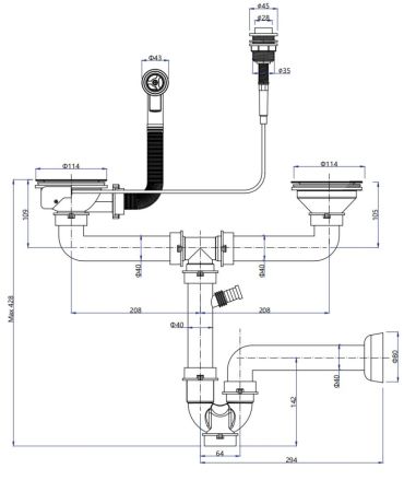 Сифон двойной  3 1/2" п/авт с круг пер черный, артикул 13G14PB4-P2A  п/авт  черн