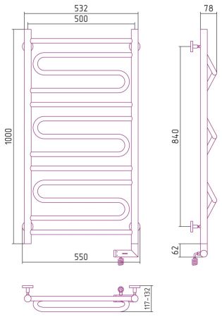 Полотенцесушитель электрический "ЭЛЕГИЯ 2.0" 1000х500 / МЭМ правый (Без покрытия)