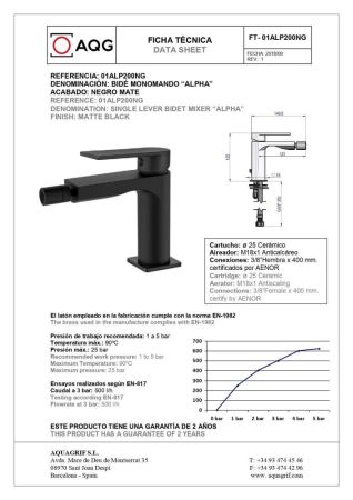 AQG Alpha, однорычажный смеситель для биде без донного клапана, цвет черный матовый, артикул 01ALP200NG