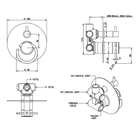 BONGIO LINEA Смеситель настенный встраиваемый, однорычажный, с переключателем на 2 положения, внешняя часть, цвет матированное золото, артикул 82519OPOPEU