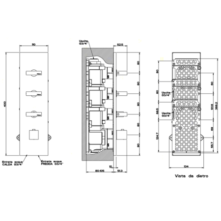 Gessi Rettangolo Встраиваемый термостат, подключение на 3/4”, с 3мя независимыми выходами(внешние части), цвет: хром