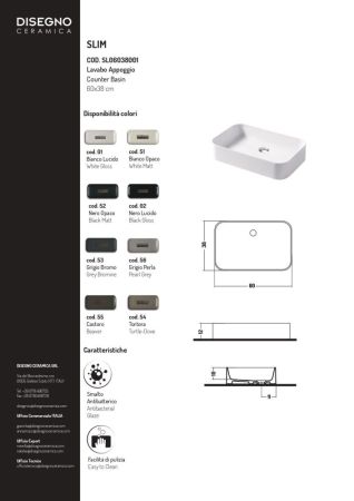 Disegno ceramica Slim, накладная прямоугольная раковина с закругленными краями 60х38хh12 см, цвет белый глянцевый, артикул SL06038001