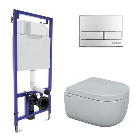 Комплект BERGES для монтажа  подвесного унитаза: инсталляция NOVUM525, кнопка L3 хром глянец, унитаз EGO Rimless 49см, сиденье дюропласт Toma SO, микролифт, быстросъем, артикул 043231