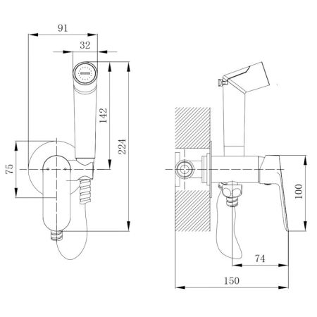 Гигиенический душ со смесителем встраиваемый VODA SHR01B, черный