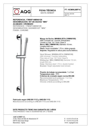 AQG, душевая штанга MIN с набором для душа, цвет хром, артикул 17MINF14MIN0120