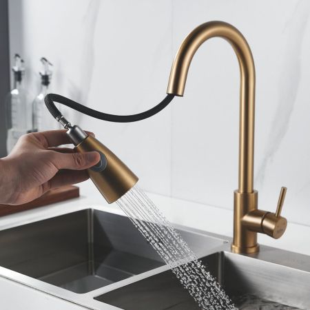 Смеситель для кухни с выдвижным изливом Raffine F213G, золотой сатин, артикул F213G