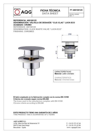 AQG, верхняя часть донного клапана click-clack, цвет хром, артикул 400100125