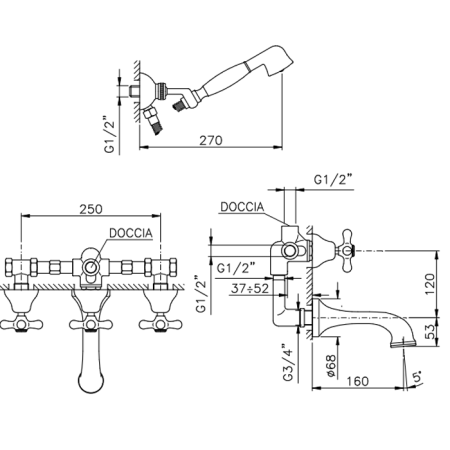 Nicolazzi Nuova Brenta Смеситель для ванны трехвентильный  встраиваемый, с душевой лейкой, излив: 160 мм, цвет: бронза, артикул 2503BZ