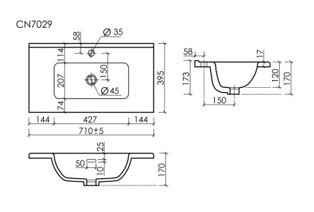 CN7029 Раковина мебельная накладная Компакт (Compact) 710x395x170, цвет белый, артикул CN7029