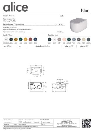 Alice Nur, подвесной безободковый унитаз c крепежом fix10, 57x38 см, цвет белый глянцевый, артикул 33120101