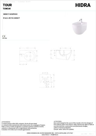 Hidra Tour, подвесное биде c крепежом, 52x35,5x33h см, цвет белый матовый, артикул TUW24I/006