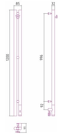 Полотенцесушитель, Сунержа, Нюанс 3.0, электрический, ширина, мм-85, глубина, мм-105, высота, мм-1200, межосевое расстояние-996, подключение-нижнее справа, электрокомплект-кабель, мощность, Вт-300, материал-нержавеющая сталь, назначение-система электросна, артикул 30-5843-1253