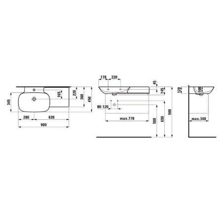 Laufen INO Раковина 900х450х120мм без отв. под смеситель, полка справа, цвет: белый