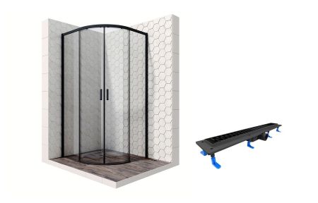 Душевой уголок Ambassador Queen Black 11011202-ST10, полукруглый, линейный трап, 100х100, артикул 11011202-ST10