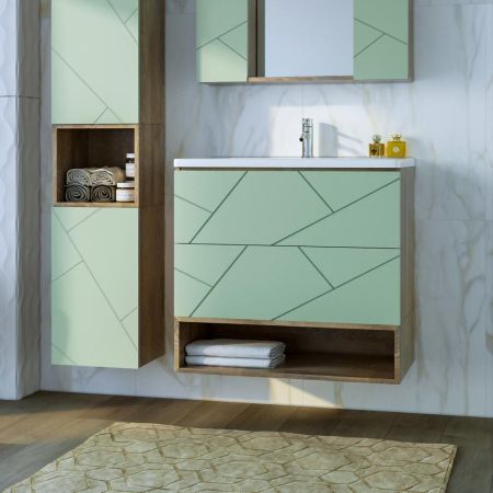 Тумба с раковиной и нишей Бриклаер КРИСТАЛЛ 80F, фисташковый/дуб гранж песочный, артикул КРИСТАЛЛ 80F