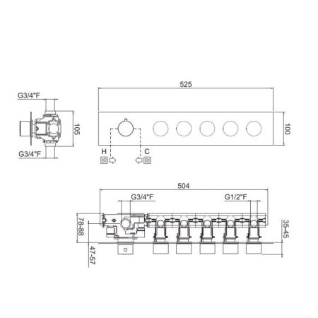 Carimali ILTONDO Внешняя часть горизонтальная для термостатического смесителя с 5-ю независимыми выходами, цвет хром