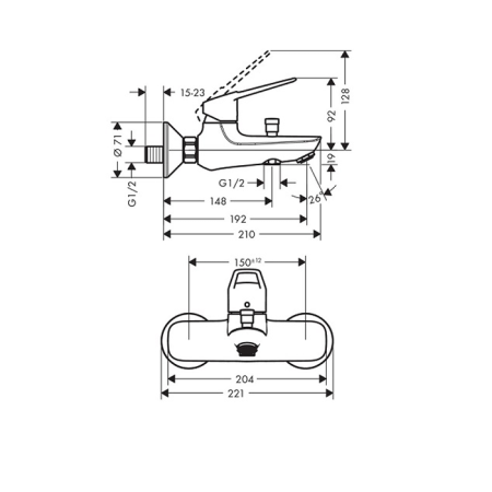 HG Novus Loop Смеситель для ванны, настенный, излив 192мм, переключатель вакумный, цвет: хром, артикул 71340000
