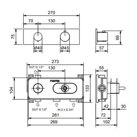 Fantini Nostromo Термостатический встраиваемый смеситель для душа на 2 потока , с поворотной ручкой, цвет Matt British Gold PVD, артикул 87 P6 G572B