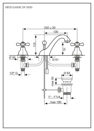 Смеситель Deco Classic с донным клапаном для раковины на 3 отверстия, цвет хром, артикул 12033CR