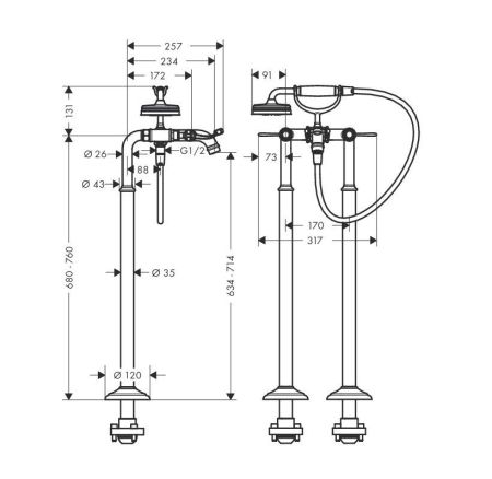 AX Montreux Смеситель для ванны, с двумя рычаговыми рукоятками, напольный, с ручным душем, (внешняя часть), цвет: хром, артикул 16553000