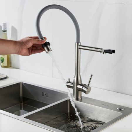 Смеситель для кухни с гибким изливом и подключением фильтра Shevanik S378L, сатин