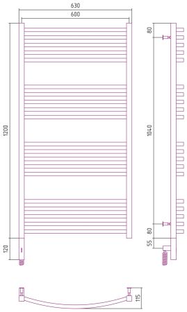 Полотенцесушитель, Сунержа, Аркус 3.0, электрический, ширина, мм-630, глубина, мм-115, высота, мм-1320, межосевое расстояние-600, нагревательный элемент-ТЭН, подключение-нижнее слева, электрокомплект-МЭМ, мощность, Вт-300, материал-нержавеющая сталь, цвет, артикул 051-5704-1260