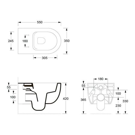 Унитаз, Alice, Unica, безободковый (с открытым смывным краем), тип установки-подвесной, ширина, мм-350, глубина, мм-550, высота, мм-345, форма чаши-овальная, выпуск-горизонтальный, материал-керамика, сиденье и крышка с микролифтом-в комплекте, вид грязеот, артикул 32240101SET