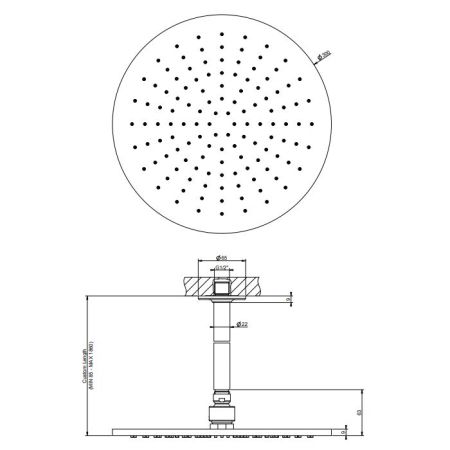 GESSI INCISO Потолочная душевая головка шарнирная на 1/2'', Ø300мм, длина изготавливается под заказ (от 105 до 1855 мм), цвет: золото