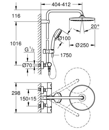 Душевая система GROHE Tempesta Cosmopolitan 250 с термостатом, хром (26670000), артикул 26670000