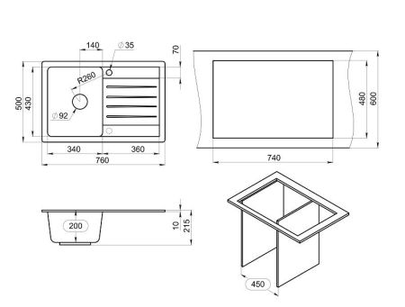Кухонная мойка GRANULA Standart (7602, ГРАФИТ), артикул 7602, ГРАФИТ