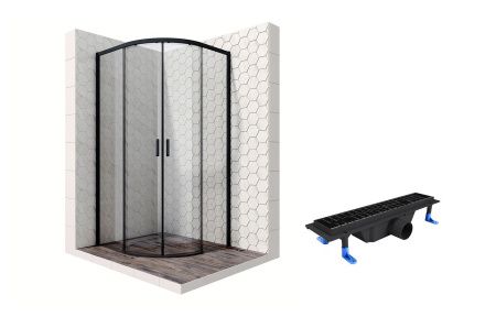 Душевой уголок Ambassador Queen Black 11011202-ST1, полукруглый, линейный трап, 100х100