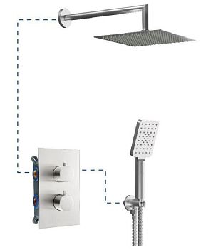 AQG Alpha, душевой комплект на 2 потребителя с термостатом, с квадратным верхним душем 25х25 см и кронштейном, цвет никель сатин (PVD)
