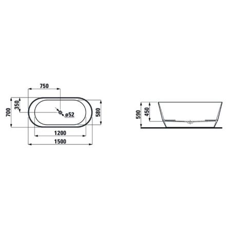 Laufen Pro Ванна 150х70 отдельностоящая c интегрированным переливом, слив click-clack хром, Marbond белая