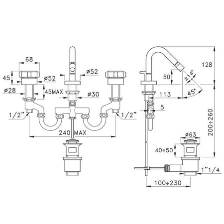 Stella Aster Смеситель для биде на 3 отверстия 3605, с донным клапаном, цвет: хром, артикул AT 00205 CR00