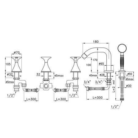 Stella 130 Смеситель на борт ванны на 5 отверстий 3256TR308, цвет: хром, артикул CT 02304 CR00