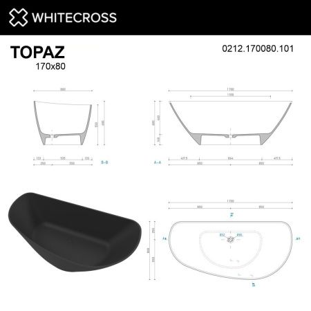 Ванна WHITECROSS Topaz 170x80 (черный глянец) иск. камень