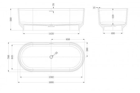 Ванна из искусственного камня Solid Surface 1700x760x560, CEZARES CZR-LINER-170-76-56-SSB, артикул CZR-LINER-170-76-56-SSB