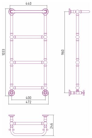 Полотенцесушитель, Сунержа, Ренессанс 1386, водяной, ширина, мм-472, глубина, мм-246, высота, мм-1033, межосевое расстояние-400, подключение-нижнее, мощность, Вт-229, присоединительный размер-НР G 1/2" / НР G 3/4" (эксцентрик), материал-нержавеющая сталь,, артикул 30-0281-9640