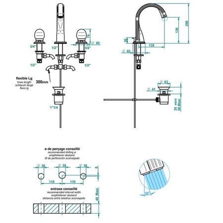 THG MOON DRAGON Смеситель для раковины на 3 отверстия, с донным клапаном, цвет хром, артикул U5G-A02-151