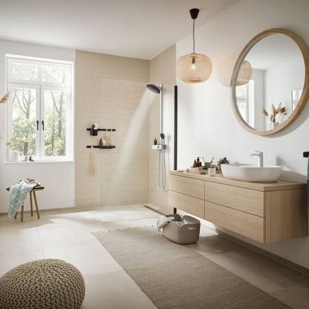 HANSGROHE PULSIFY Душевая стойка с термостатическим смесителем, верхним душем Ø260 мм с 2 режимами, ручным душем и шлангом, цвет хром, артикул 24240000