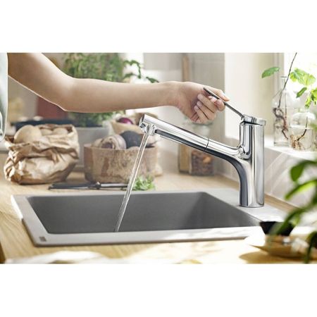 Смеситель для кухни, Hansgrohe, Zesis M33, тип открывания воды-однорычажный, тип регулирования воды-керамический картридж, монтаж-на раковину/столешницу, отверстия для монтажа-1, высота, мм-214, вынос излива, мм-219, тип излива-выдвижной, поворотный 150°,, артикул 74800000