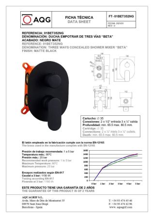 AQG Beta, встраиваемый смеситель для душа на 3 выхода, с дивертером, цвет черный матовый, артикул 01BET352NG