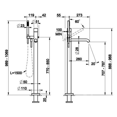 GESSI HABITO UNITO Смеситель для ванны напольный, однорычажный, цвет Copper Brushed PVD