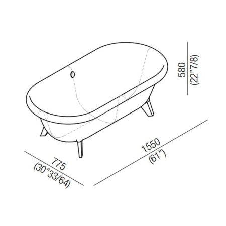 Agape Ottocento Small Ванна отдельностоящая 155x77.5x58 см, слив-перелив полированный хром, цвет: светло-серый