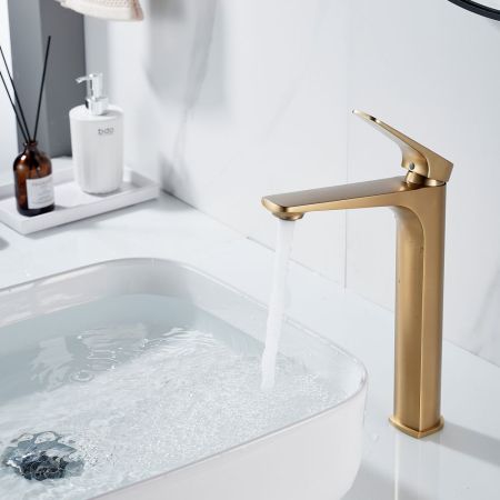 Смеситель для раковины высокий Shevanik S4211G, золотой сатин, артикул S4211G